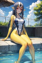 1girls ai_generated blue_submarine_no._6 breasts clouds feet_in_water female grey_hair humanoid long_hair looking_at_viewer marine mutio one_piece_swimsuit pool red_eyes sky smiling wide_hips yellow_skin