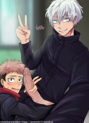 age_difference anime anime_style anxious bedroom big_dick big_penis blowjob blush clothed clothing commissions_open consensual dick forced_smile furrowed_brow furrowed_eyebrows gay gay_blowjob happy holding_penis imminent_blowjob itadori_yuuji izukur0t137 jujutsu_kaisen male male/male nervous_expression nervous_smile nervous_sweat peace_sign photo satoru_gojo selfie size_difference smile stroking_penis sweat sweatdrop sweating veiny_penis window yaoi