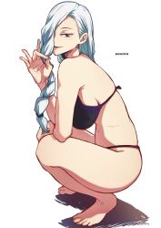 1girls aosora artist_name barefoot big_breasts bikini black_eyes braid braided_bangs breasts fellatio_gesture female full_body gesture hair_over_one_eye highres jujutsu_kaisen large_breasts long_hair looking_at_viewer mei_mei_(jujutsu_kaisen) purple_bikini shadow solo squatting swimsuit white_background white_hair