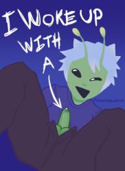 alien alien_boy alien_humanoid balls boner erection fully_clothed hard_penis male male_only oc original_character precum precum_bubble text