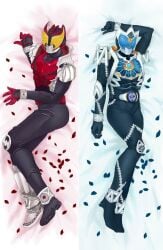 2boys arm_up armor armored_male bat bedding bedding_background belt blue_armor blue_bedding bodypillow bodysuit chains dakimakura dakimakura_design dakimakura_pillow front_view heavy_armor kamen_rider kamen_rider_kiva kamen_rider_kiva_(series) kamen_rider_saga male_focus male_only multiple_images multiple_poses on_back on_side petals red_armor red_bedding silver_armor source_request vampire