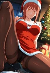 1boy1girl 1girls ai_generated anime anime_style barefoot breasts brush bulge chainsaw_man christmas christmas_hat christmas_outfit evil_smile female_focus gift gift_box makima_(chainsaw_man) nsfwworks.ia penis pose red_hair seductive seductive_smile sexy_pose sitting_on_person yellow_eyes