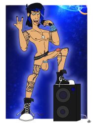 armpit_hair black_shoes blue_hair douxie_casperan gay gay_male microphone nude nude_male pubes pubic_hair sign_of_the_horns speaker standing tales_of_arcadia tongue_out