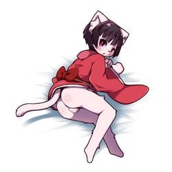 ass black_hair feline furry japanese_clothes omunikin original pussy setsu_(omunikin) short_hair violet_eyes