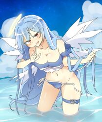 bikini cloud female halo long_hair looking_at_viewer matsu_kitsune sariel sariel_(touhou) sky solo swimsuit thigh_strap touhou touhou_(pc-98) water wings