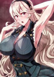 1girls absurdres alternate_costume arm_up armpits black_shirt blush breasts cleavage corrin_(female)_(fire_emblem) corrin_(fire_emblem) corrin_(fire_emblem)_(female) female female_only fire_emblem fire_emblem_fates grey_hair hair_between_eyes hairband highres large_breasts long_hair looking_at_viewer nintendo open_mouth pointy_ears red_eyes shirt sideboob sleeveless sleeveless_shirt solo sweat to_(tototo_tk) white_hair