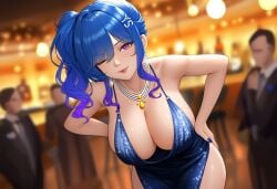 ai_generated arms_behind_back azur_lane backless_dress bangs bar_(place) bare_shoulders blue_dress blue_hair earrings evening_gown female female female_focus hair_between_eyes hairclip halter_dress hands_on_own_hips hanging_breasts large_breasts leaning_forward looking_at_viewer necklace novelai one_eye_closed people_in_background plunging_neckline purple_eyes revealing_clothes seductive_look seductive_smile side_ponytail sidelocks st._louis_(azur_lane) st._louis_(luxurious_wheels)_(azur_lane) standing thighs