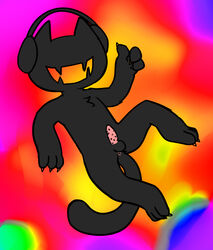 1boy 3_fingers 3_toes abstract_background anthro anus ball barbed_penis black_body claws eyeless fangs feline headphones male male_only mammal mascot monstercat open_mouth penis simple_background solo teeth thumbs_up toes