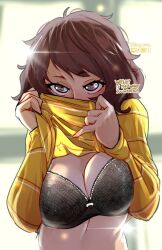 artist_name big_breasts black_bra blush bra breasts brown_eyes brown_hair clothes_lift covering_own_mouth female floral_print haysey_draws highres large_breasts lifted_by_self light looking_at_viewer persona persona_5 sadayo_kawakami shirt shirt_lift short_hair shy solo striped_clothes striped_shirt sweater underwear yellow_sweater