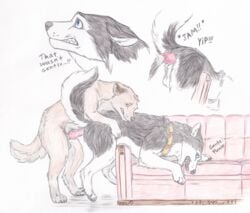 balto balto_(film) blue_eyes canine feral feral_on_feral husky male mammal skyfifer sofa steele_(balto) traditional_media_(artwork) wolf yaoi