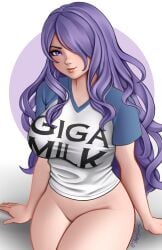 1girls bare_thighs bottomless breasts camilla_(fire_emblem) female female_only fire_emblem fire_emblem_fates giga_milk hair_over_one_eye jackary_draws large_breasts long_hair looking_at_viewer mega_milk meme nintendo purple_eyes purple_hair shirt sitting smile solo thighs very_long_hair