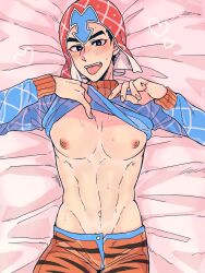 1boy exposed_chest exposed_pecs guido_mista heart-shaped_pupils jojo's_bizarre_adventure looking_at_viewer male male_only open_mouth solo tongue_out vento_aureo