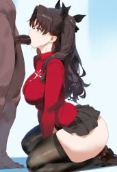 1boy 1girls ai_generated black_hair blue_eyes breasts clothed_female_nude_male dark-skinned_male dark_skin fate/stay_night fate_(series) fellatio female from_side hair_ribbon human interracial long_hair male oral penis red_sweater ribbon skirt straight thighhighs tohsaka_rin two_side_up