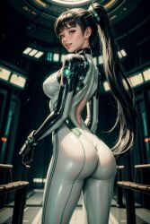 ai_generated asian ass ass_focus back_view big_ass black_hair bodysuit brown_eyes cameltoe cheeky clothed clothes dark_hair eve_(stellar_blade) female female_focus female_only from_behind_position from_below grin iceyboy looking_over_shoulder pinup ponytail posing scifi self_upload skin_tight stellar_blade tongue_out