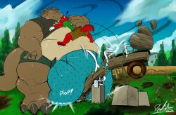 2020 3_toes 4_fingers absurd_res anthro arisendrake big_bulge biped blueeyedredwolf brown_body brown_skin bulge canid canine canis claws clothed clothing day deadanthro digital_media_(artwork) dragon duo feet finger_claws fingers hi_res horn huge_belly huge_bulge hyper hyper_bulge larger_anthro larger_male macro male mammal morbidly_obese morbidly_obese_anthro morbidly_obese_male obese obese_anthro obese_male outside overweight overweight_anthro overweight_male paws plant rock scalie signature size_difference sky smaller_anthro smaller_male toe_claws toes tree wardrobe_malfunction western_dragon wingless_dragon wolf