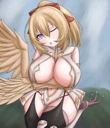 1girls 2023 bird bird_feet bird_girl black_legwear blonde_hair blue_eyes blue_sky bunnyfaqer female female_focus female_only harpy harpy_girl hybrid indie_virtual_youtuber large_breasts legwear light-skinned_female light_skin looking_at_viewer lucastre_mavia outside sky thick_thighs virtual_youtuber vtuber winged_arms yellow_feathers