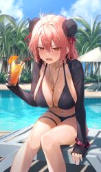 ahoge alternate_costume bandaged_arm bandages beach_chair beach_umbrella bendy_straw bikini black_bikini blue_sky blush bracelet breasts bun_cover chair cleavage cloud cocktail commentary_request cup day double_bun drinking_glass drinking_straw drunk feet_out_of_frame female food fruit greenkohgen hair_between_eyes hair_bun hair_intakes highres holding holding_cup ibaraki_kasen ice ice_cube jewelry kasen_ibaraki large_breasts leaning_forward long_bangs looking_at_viewer lounge_chair multi-strapped_bikini navel necklace open_mouth orange_(fruit) orange_slice outdoors palm_tree patio_umbrella pink_eyes pink_hair pool poolside ring ring_necklace shrug_(clothing) sitting sky sleeves_past_wrists slouching solo swimsuit touhou tree tropical_drink umbrella water