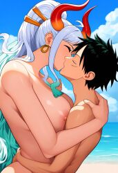 1boy 1girls ai_generated beach breasts closed_eyes cloud earrings embrace embracing female green_hair hair_ornament holding_partner horns hug hugging kissing long_hair male monkey_d_luffy multicolored_hair naked nipples nude one_piece oni_horns outside poniemans123 satisfied scar scar_on_face short_hair sky straight taller_female white_hair wholesome yamato_(one_piece)