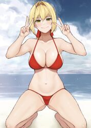 beach bikini cocq_taichou double_peace_sign fake_smile fate/grand_order fate_(series) front_view large_breasts nail_polish nero_claudius_(fate) painted_nails red_bikini smile squatting v