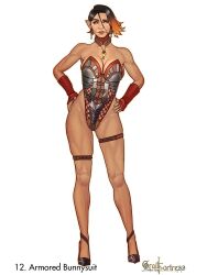 1girls armor black_hair bunnysuit cleavage freckles front_view galaad1800 high_heels large_breasts light-skinned_female muscular_arms muscular_female orange_hair page_12 pointy_ears short_hair solo_female standing two-tone_hair unconvincing_armor