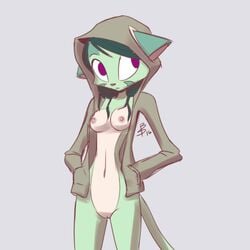 2016 anthro barbadosslim breasts clothed clothing dreamkeepers feline fur green_fur green_hair grey_background hair lilith_calah mammal navel nipples open_clothes open_shirt pussy shirt simple_background white_belly white_fur