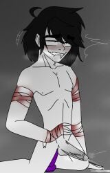 art_styles bandages bite_lip black_hair cumming full_body gray_background incredibox looking_up musk_clouds naked oc old_art original_character purple_dildo redraw self_upload toony white_skin