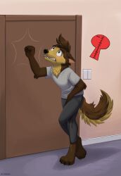 1boy anthro anthro_only bodily_fluids canid canine canis cerffou clothing desperation dishka door furry furry_only genital_fluids have_to_pee hi_res male male_peeing mammal no_humans omorashi peeing peeing_self solo urine watersports wetting wolf