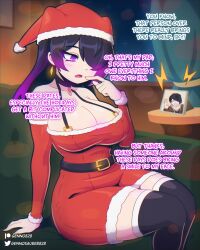 1girls big_breasts blushed breasts christmas cleavage clothed comic comic_page curvy cute_fang demon demon_girl demon_horns english eyelashes female female_focus first_person_view genno girl hair_over_one_eye horns light_skin office original partially_clothed purple_eyes purple_hair succubus sweat thick_thighs wide_hips