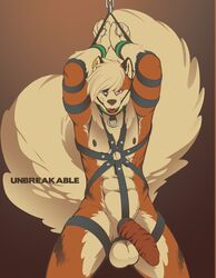 1boy 2015 5_fingers abs absurd_res anthro arcanine armpits ball_gag big_testicles black_nipples black_nose blue_eyes body_harness bondage bound breathable_gag brown_penis cheek_tuft chest_tuft collar countershading english_text eyebrows fangs front_view fur furry gag gagged glans gradient_background hair half-closed_eyes half-erect hands_above_head harness hi_res huge_tail hybrid_penis inner_ear_fluff knot leather_cuffs leather_harness looking_at_viewer male male_only mammal multicolored_fur muscular naughty_face nintendo nipples nude orange_fur penis piercing pokemon pokemon_(species) portrait rethex shiuk short_hair simple_background solo standing straps striped_fur striped_penis stripes submissive testicles text three-quarter_portrait tuft two_tone_fur video_games white_fur white_hair white_tail wrist_cuff