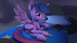 16:9 3d_(artwork) 4k absurd_res alicorn bed bedroom book digital_media_(artwork) equid equine female feral friendship_is_magic furniture genitals hasbro hi_res horn horse looking_at_viewer mammal my_little_pony nude pony pussy solo source_filmmaker spread_wings stuffguy123 teasing teasing_viewer tongue tongue_out twilight_sparkle_(mlp) widescreen wings