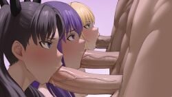 3boys 3girls artoria_pendragon_(fate) black_hair black_ribbon blonde_hair blue_eyes blush caught erection fate/stay_night fate_(series) fellatio from_side game_over green_eyes group_sex hair_ribbon highres jornyhail long_hair matou_sakura multiple_boys multiple_girls oral orgy parted_bangs penis purple_eyes purple_hair ribbon saber_(fate) saliva_on_penis straight tamed tohsaka_rin twintails uncensored veins veiny_penis