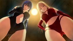 2girls black_gloves black_leotard blonde_hair blue_hair blunt_bangs breasts brown_eyes ceiling ceiling_light choker cleavage closed_mouth corset dominatrix elbow_gloves floating_hair from_below game_cg gloves half-closed_eyes indoors kawarazaki_sachiko kawarazakike_no_ichizoku large_breasts leotard long_hair looking_at_viewer looking_down m&m_(mickey_and_mackey) medium_breasts midriff mikado_yuri multi-strapped_panties multiple_girls navel navel_cutout open_mouth panties pink_eyes red_corset red_gloves red_panties short_hair