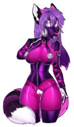 1girls 2016 alpha_channel anthro big_breasts breasts canine claws clothed clothing corset crotch_zipper female female_only fox fur hair looking_at_viewer mammal mask open_zipper pink_clothing pink_fur png purple_eyes purple_hair pussy rubber selene_leni signature simple_background solo tail xenthyl zipper