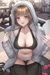 1girls belly big_breasts black_leggings black_sports_bra blonde_hair breasts calvin_klein cameltoe dumbbell female gym highres hoodie kitts_(artist) leggings pink_nails sitting_on_floor solo solo_female sports_bra sportswear sweat teeth weights yellow_eyes