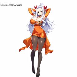 ai_generated arms_behind_head big_breasts fairy_tail high_heels hooters huge_breasts large_breasts long_hair matalica mirajane_strauss novelai orange_outfit pinup pose roleplay self_upload simple_background solo stockings uniform white_background white_hair