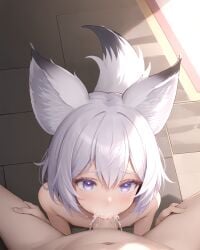 1boy ai_generated blowjob cum cum_in_mouth deepthroat fellatio female flat_chest fox_ears fox_girl fox_tail from_above lfxq2000 light_purple_eyes looking_at_viewer looking_up nude oral phase_connect pov short_hair tenma_maemi virtual_youtuber white_hair white_tail