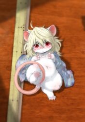 2016 :< anthro anus bangs big_eyes blonde_hair blush breasts claws clothed clothing convenient_censoring covering covering_breasts eyewear female fur glasses hair kemono koishi_chikasa looking_at_viewer lying mammal messy_hair micro mouse navel partially_clothed paws red_eyes rodent ruler small_breasts solo tail_censorship white_fur