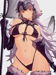 bikini boots chains fate/grand_order fate_(series) flag_pole flag_print fur fur_trim holding_flag holding_object jeanne_alter large_breasts long_gloves looking_down ninra staring