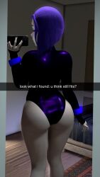 1girls 3d ass ass_focus blue_hair butt dc dc_comics female female_only leotard marianart phone raven_(dc) short_hair snapchat solo teen_titans