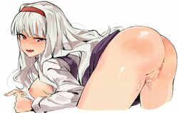 anus ass bangs bent_over breasts censored female hairband idolmaster long_hair looking_at_viewer nipples pussy pussy_juice shijou_takane silver_hair simple_background slap_mark solo sweat tearing_up tuxedo_de_cat white_background