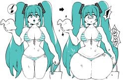 ass_expansion beach big_breasts big_thighs bikini bikini_bottom bikini_top blue_eyes blushing blushing_at_viewer butt_expansion bwomp dizzyspells hatsune_miku hip_expansion hourglass_expansion hourglass_figure impact_lines rock striped_bikini surprised surprised_expression sweat sweatdrop thigh_expansion thighs twintails vocaloid wet