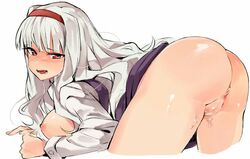 anus ass bangs bent_over blush breasts censored female hairband idolmaster long_hair looking_at_viewer nipples open_mouth pussy pussy_juice shijou_takane silver_hair simple_background solo sweat tearing_up tuxedo_de_cat white_background