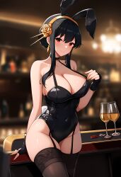 1girls ai_generated animal_ear_headwear black_hair cleavage female fingerless_gloves garter_straps gloves large_breasts nai_diffusion spy_x_family stable_diffusion standing tagme thighhighs white_skin wine_glass yor_briar