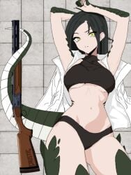 absurdres arms_up black_hair breasts female floor gun highres lizard_tail looking_at_viewer lying monster_girl navel on_back panties parted_lips reptile_girl reptilia_queen scales scp-682 scp_foundation solo tail underboob underwear weapon yellow_eyes