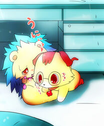 alex_(jewelpet) anus ass balls blue_fur blush bow_tie brown_eyes brown_fur brownie_(jewelpet) deep_throat desk drawer feline fellatio fur heart hedgehog interspecies japanese_text jewelpet jewelpet_(species) jewelry male mammal necklace oral red_eyes saliva sanrio sega sega_toys sex spread_legs spreading sweat text translation_request yaoi yellow_fur