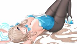 1girls 2022 2d 2d_(artwork) arm_up armpits asuna_(blue_archive) asuna_(bunny)_(blue_archive) black_pantyhose blonde_hair blue_archive blue_eyes blue_leotard breasts bunny_ears cleavage covered_navel female from_side gloves grin hair_over_one_eye hair_spread_out halo high_heels highres knees_up large_breasts leotard long_hair looking_at_viewer lying millennium_science_school_student mole mole_on_breast official_alternate_costume on_back pantyhose playboy_bunny shibasoda sideboob simple_background smile solo strapless strapless_leotard thighband_pantyhose very_long_hair white_background white_gloves