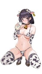 1girl 1girls amber_eyes ass_visible_through_thighs bangs bare_shoulders bell bikini black_hair blush bob_cut bottle choker collarbone cow_ears cow_girl cow_horns cow_print cowbell cute elbow_gloves embarrassed fake_animal_ears fake_horns female female_only fingerless_gloves goddess_of_victory:_nikke hi_res high_heels holding_object light-skinned_female light_skin medium_hair micro_bikini milk milk_(nikke) milkwerk navel parted_lips simple_background skindentation solo solo_female squatting stomach string_bikini thighhighs tomboy underboob underwear white_background white_bikini yellow_eyes