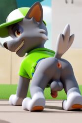 ai_generated anus baseball_cap furry furry_male furry_only luxeraora10 male_focus male_only partially_clothed paw_patrol penis rocky_(paw_patrol) showing_ass tensor_art