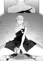 1boy 1girl 1girls bookstore boss_and_employee boss_and_subordinate female_on_top insertion looking_at_partner looking_down multicolored_hair offscreen_male penetration pierced_nipples sex small_breasts sweatdrop toku123 toku_dosukebe wet wet_pussy