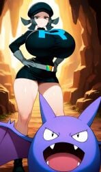 ai_generated angry big_breasts breasts cave criminal crobat female green_hair pokemon team_rainbow_rocket_grunt_(female) teamrocktgrl thick_thighs